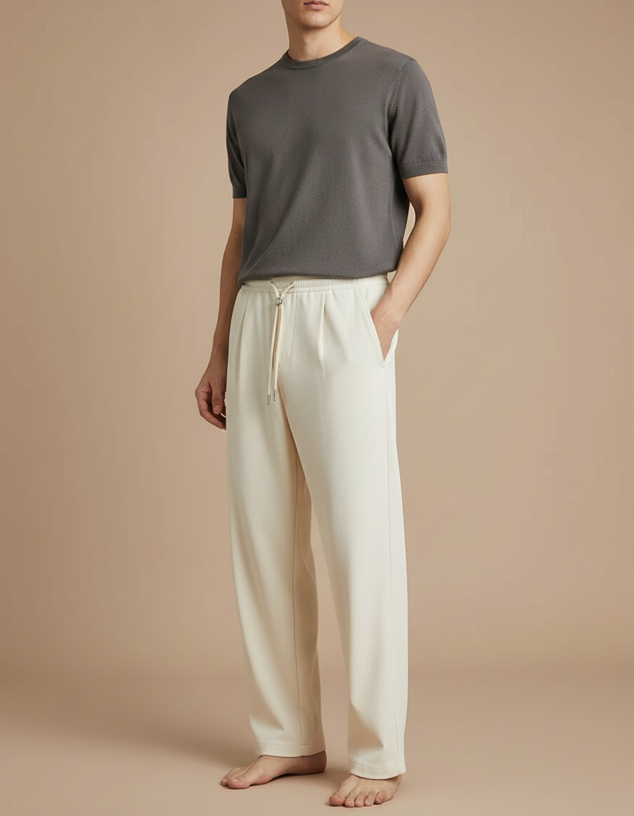 Pantalon Japonais Crème Ample Décontracté Fluide Coton - Beige Maille
