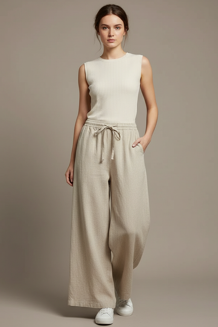 Pantalon Japonais Beige Ample Coton Lin Femme