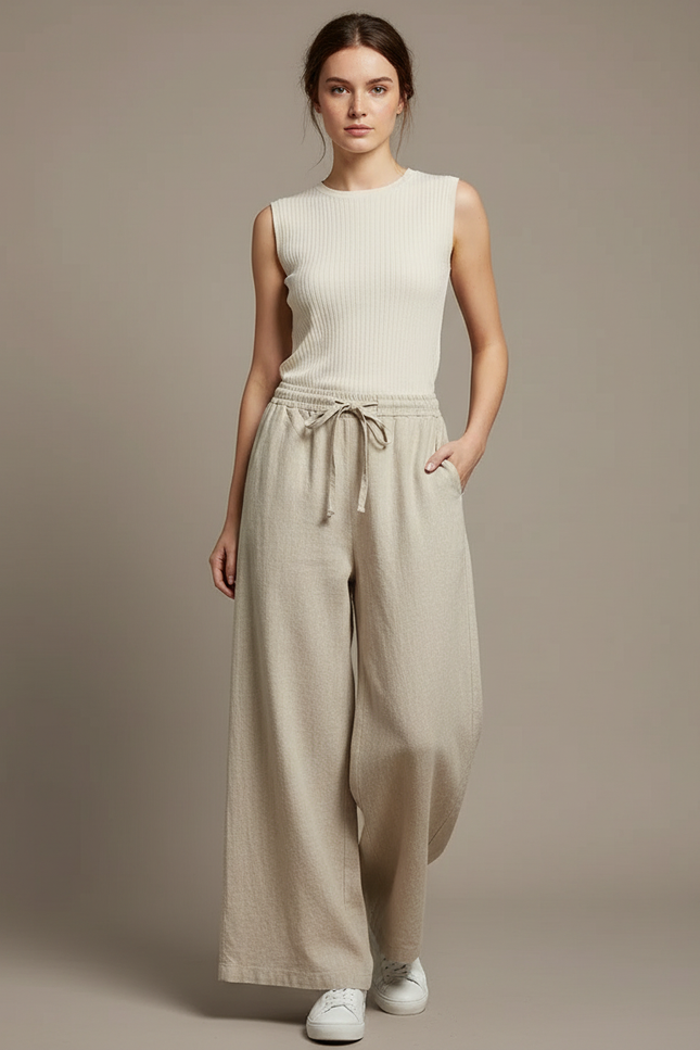 Pantalon Japonais Beige Ample Coton Lin Femme
