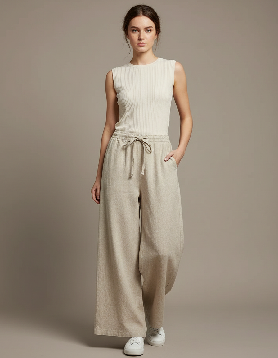 Pantalon Japonais Beige Ample Coton Lin Femme
