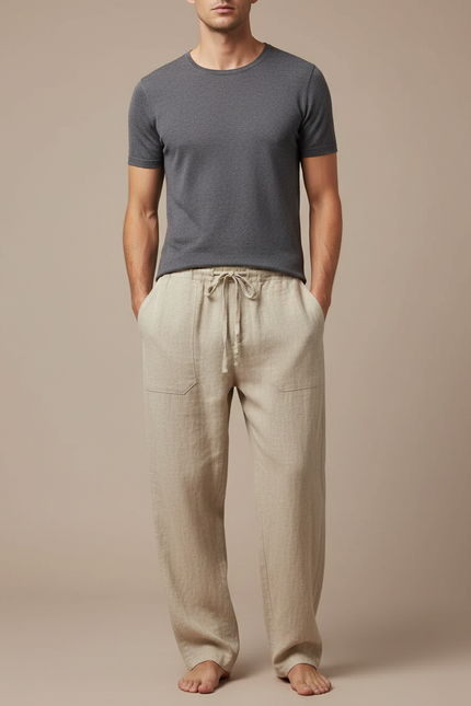 Pantalon Japonais Beige Ample Coton Lin Casual Homme