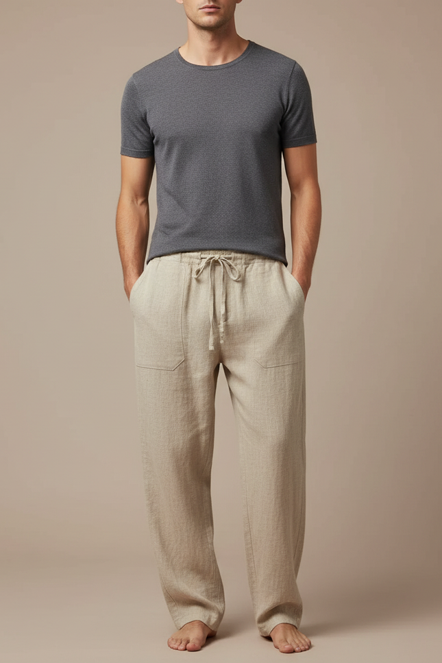Pantalon Japonais Beige Ample Coton Lin Casual Homme