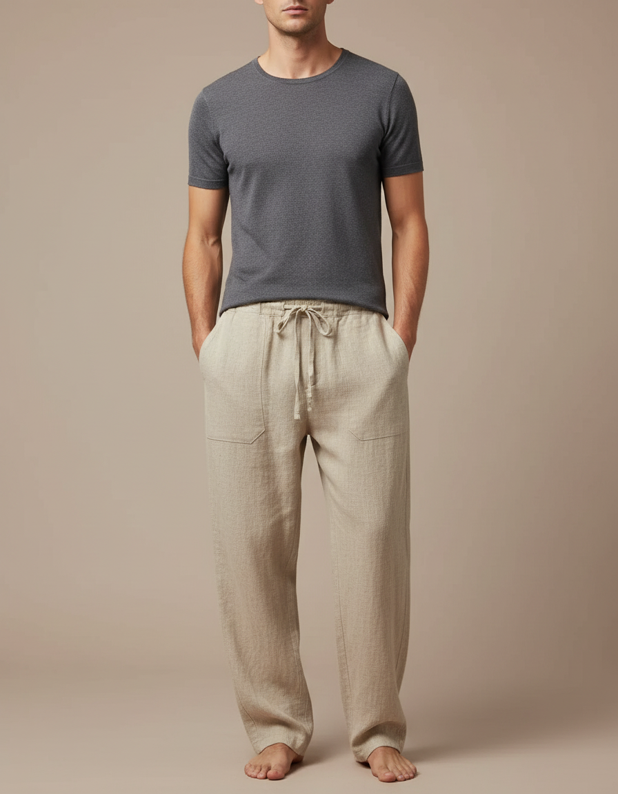 Pantalon Japonais Beige Ample Coton Lin Casual Homme