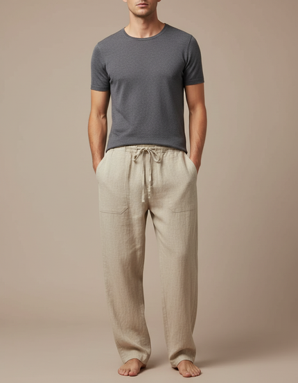 Pantalon Japonais Beige Ample Coton Lin Casual Homme
