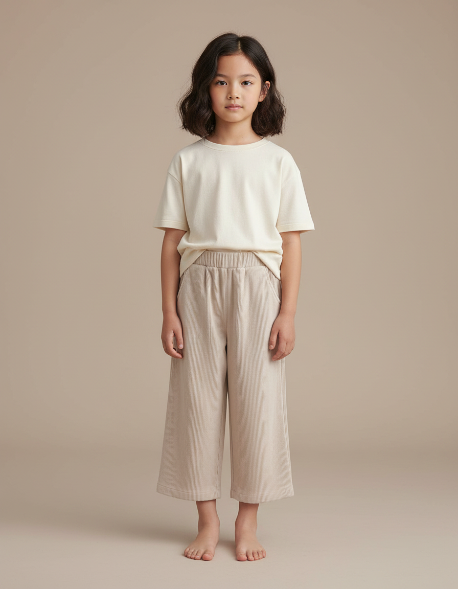 Pantalon Japonais Beige Côtelé Ample Confortable Enfant - Cordé