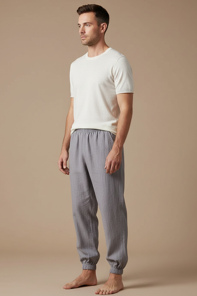Pantalon Japonais Gris Coton Ample Confortable Décontracté - Lin