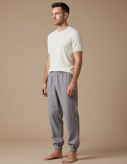 Pantalon Japonais Gris Coton Ample Confortable Décontracté - Lin