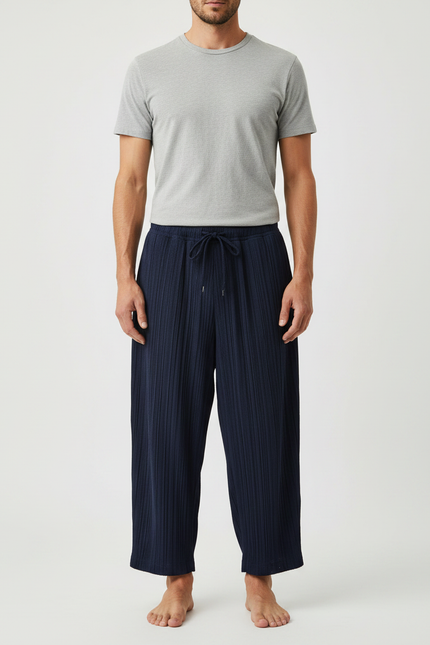 Pantalon Japonais Plissé Bleu Marine Décontracté Fluide - Polyester