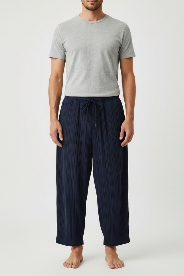 Pantalon Japonais Plissé Bleu Marine Décontracté Fluide - Polyester