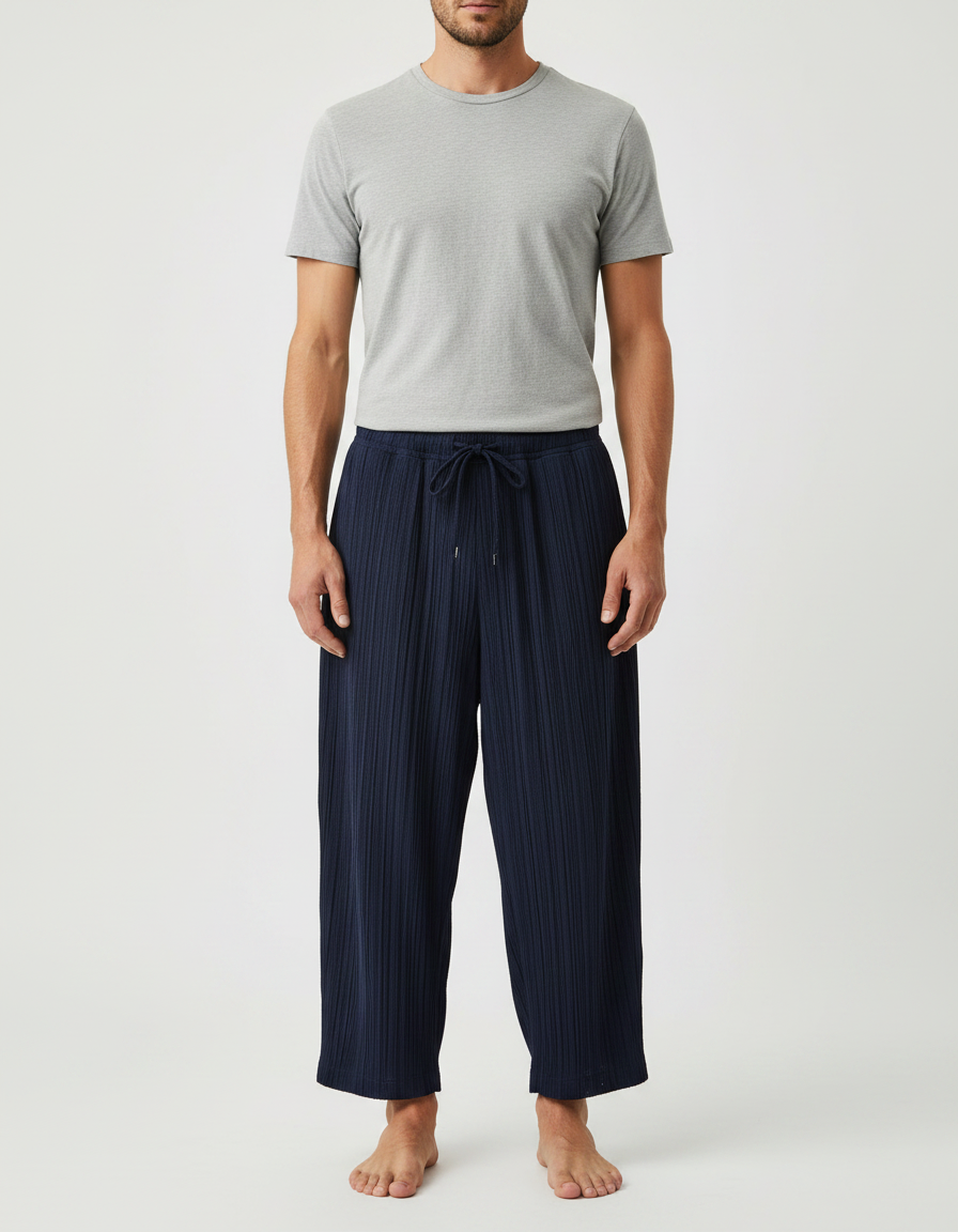 Pantalon Japonais Plissé Bleu Marine Décontracté Fluide - Polyester