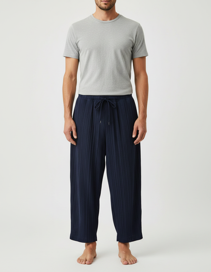 Pantalon Japonais Plissé Bleu Marine Décontracté Fluide - Polyester