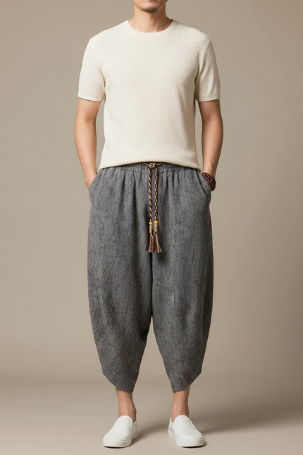Pantalon Japonais Gris Lin Ample Imprimé Sarouel Décontracté