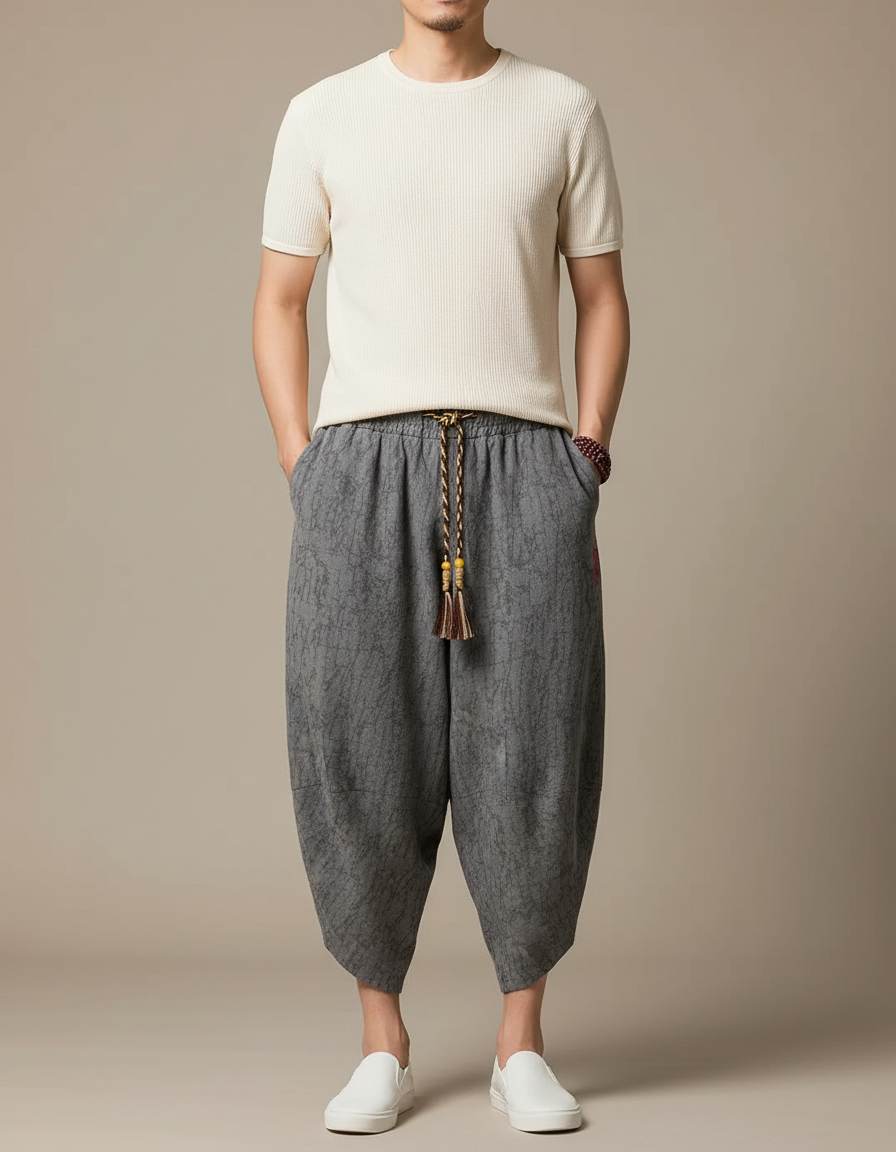 Pantalon Japonais Gris Lin Ample Imprimé Sarouel Décontracté
