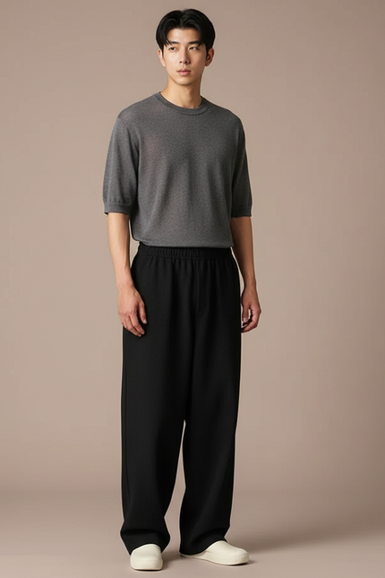 Pantalon Japonais Noir Fluide Ample Minimaliste - Polyester