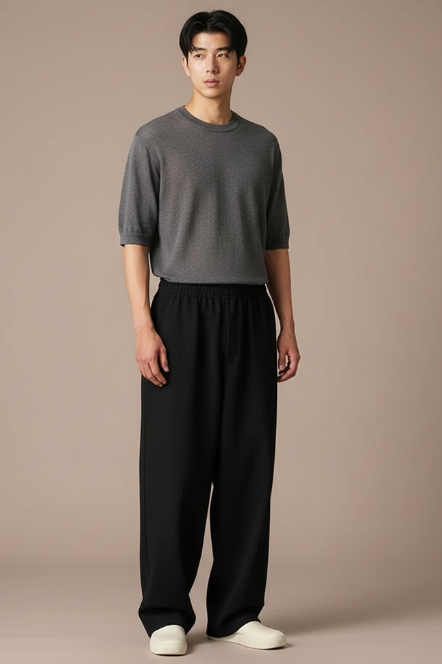 Pantalon Japonais Noir Fluide Ample Minimaliste - Polyester