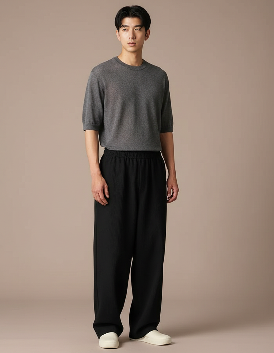 Pantalon Japonais Noir Fluide Ample Minimaliste - Polyester