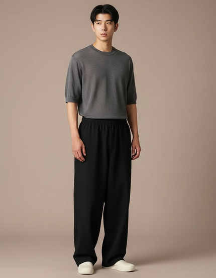 Pantalon Japonais Noir Fluide Ample Minimaliste - Polyester