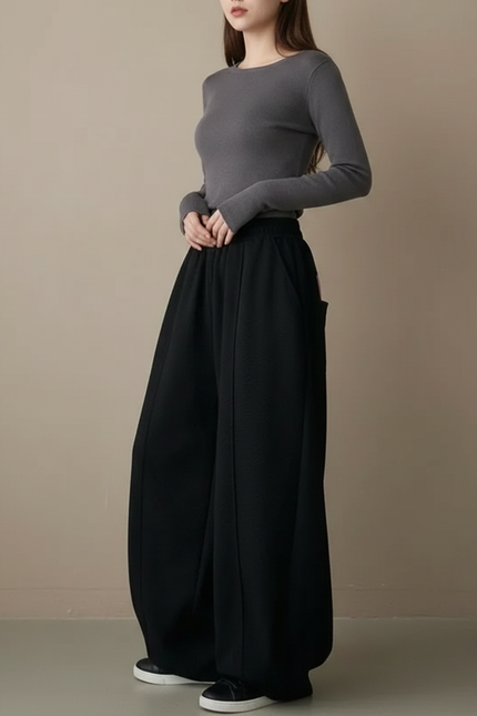 Pantalon Japonais Noir Ample Fluide Décontracté - Molleton