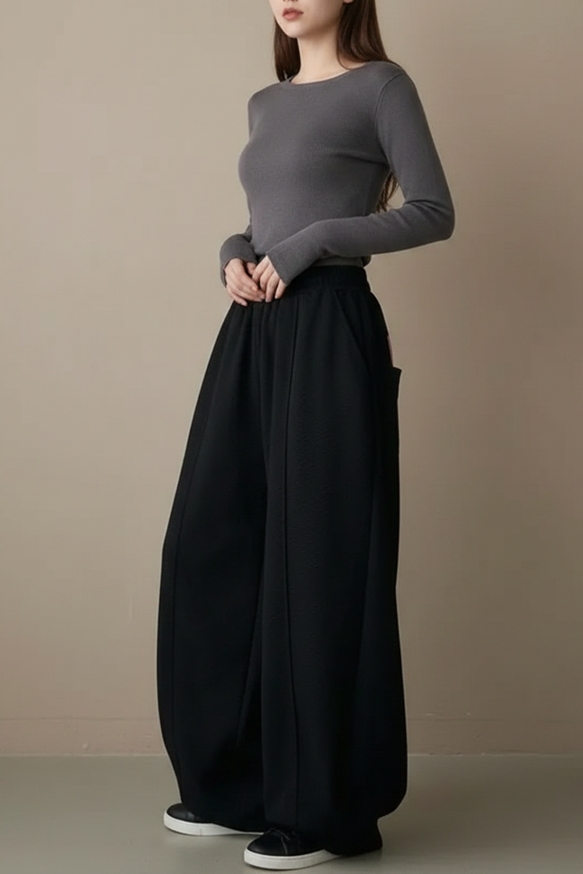 Pantalon Japonais Noir Ample Fluide Décontracté - Molleton