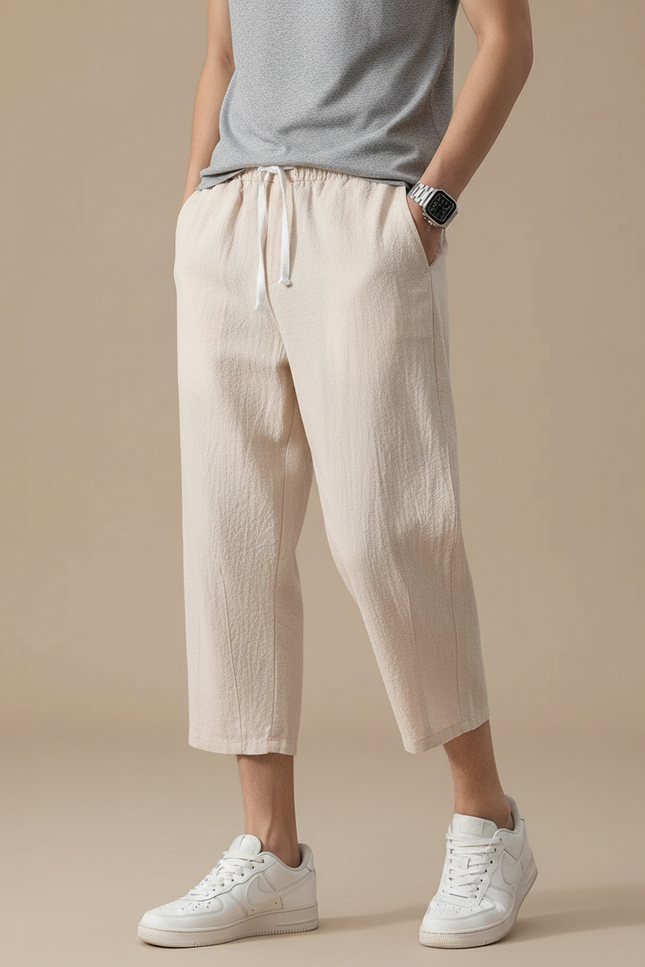 Pantalon Japonais Beige Coton Ample Décontracté Cordon