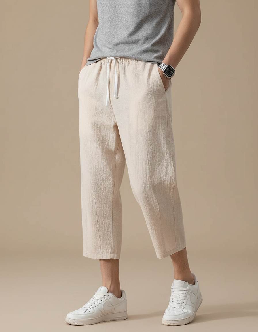 Pantalon Japonais Beige Coton Ample Décontracté Cordon