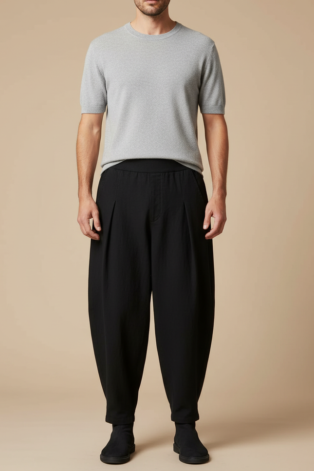 Pantalon Japonais Noir Fluide Ample Harem Plissé - Viscose