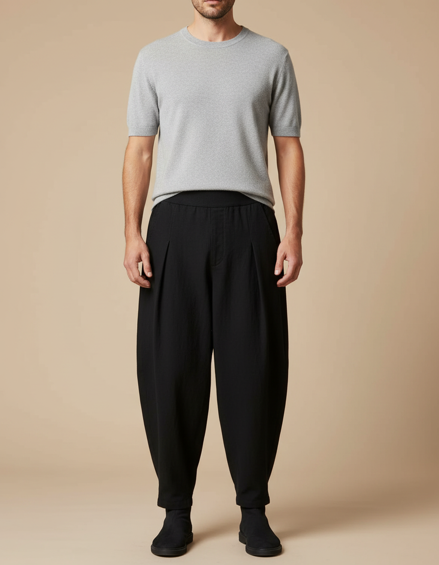 Pantalon Japonais Noir Fluide Ample Harem Plissé - Viscose