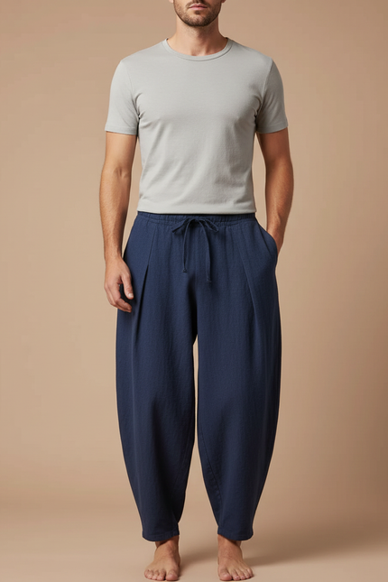 Pantalon Japonais Bleu Marine Coton Lin Ample Harem