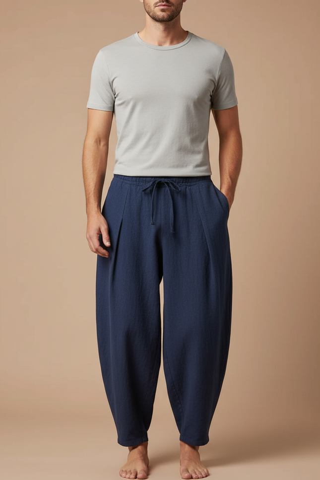 Pantalon Japonais Bleu Marine Coton Lin Ample Harem