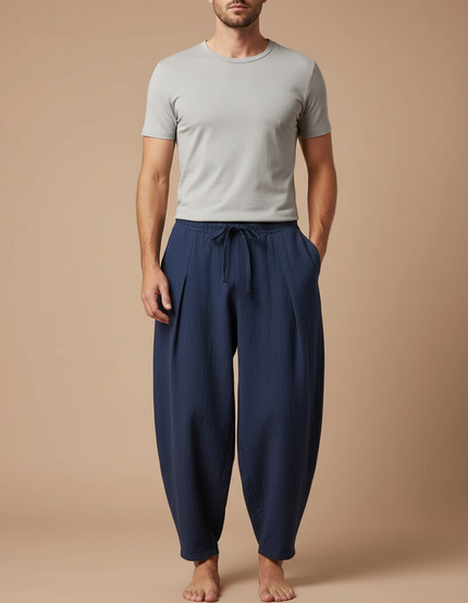 Pantalon Japonais Bleu Marine Coton Lin Ample Harem