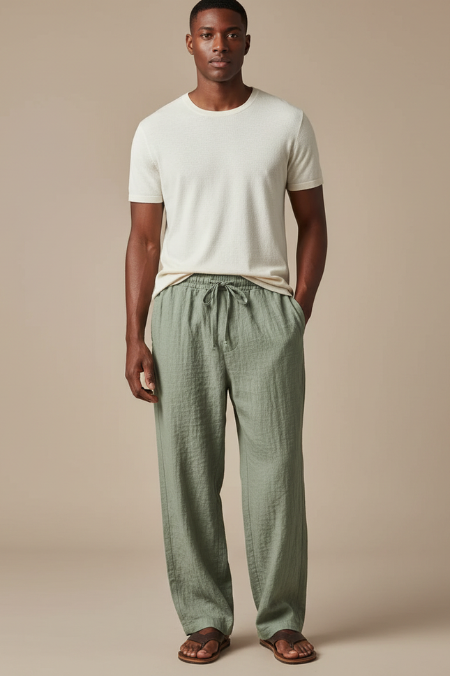 Pantalon Japonais Lin Coton Ample Vert Homme