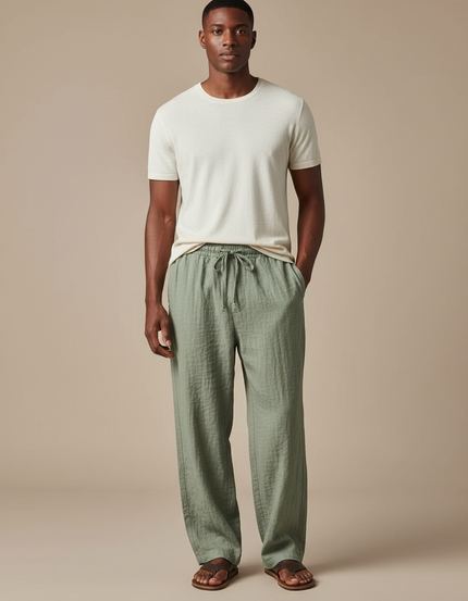 Pantalon Japonais Lin Coton Ample Vert Homme