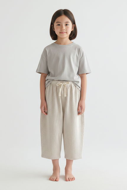 Pantalon Japonais Côtelé Beige Ample Confortable Enfant - Cordé