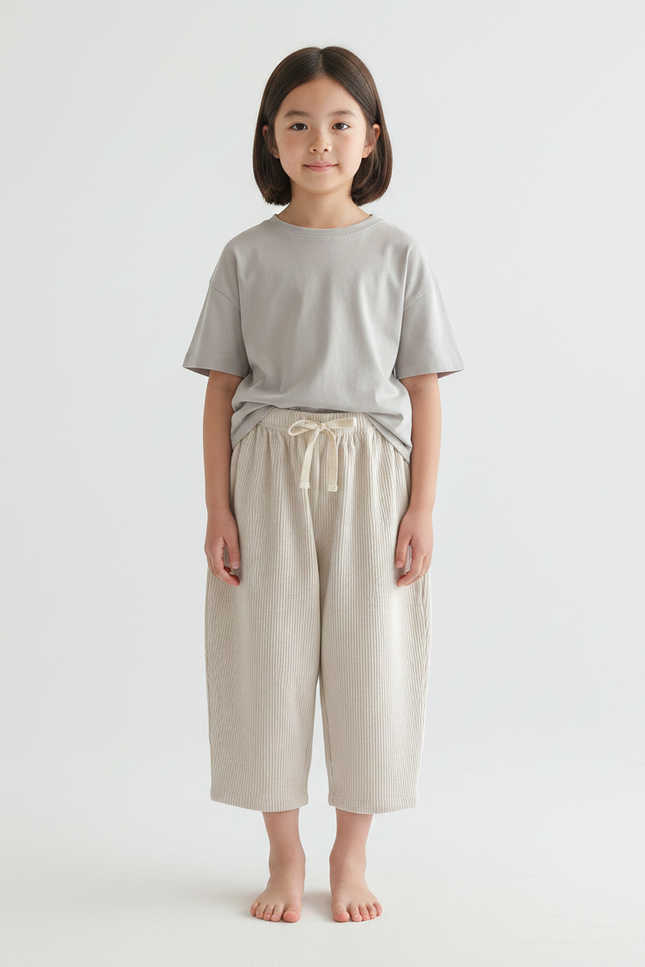Pantalon Japonais Côtelé Beige Ample Confortable Enfant - Cordé