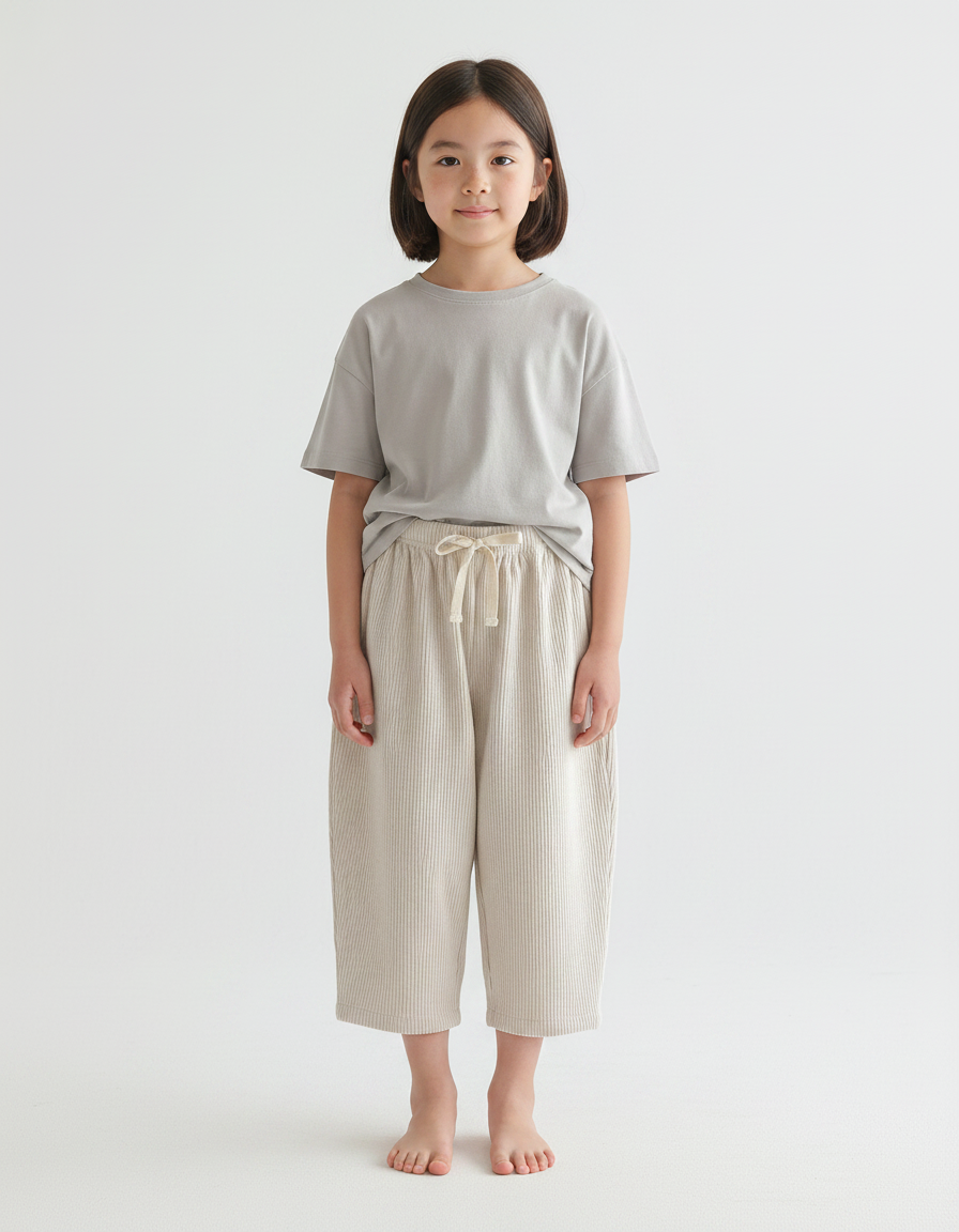 Pantalon Japonais Côtelé Beige Ample Confortable Enfant - Cordé