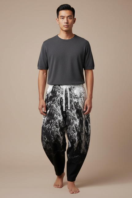 Pantalon Japonais Noir Blanc Ample Imprimé Harem Homme - Viscose