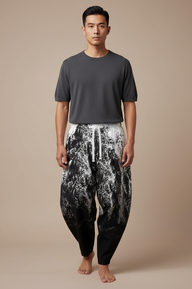 Pantalon Japonais Noir Blanc Ample Imprimé Harem Homme - Viscose