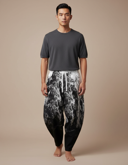 Pantalon Japonais Noir Blanc Ample Imprimé Harem Homme - Viscose