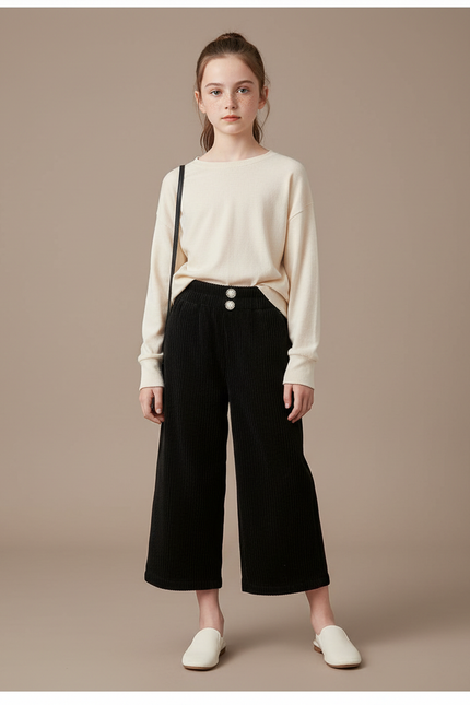 Pantalon Japonais Noir Côtelé Ample Décontracté Boutons Enfant - Cordé