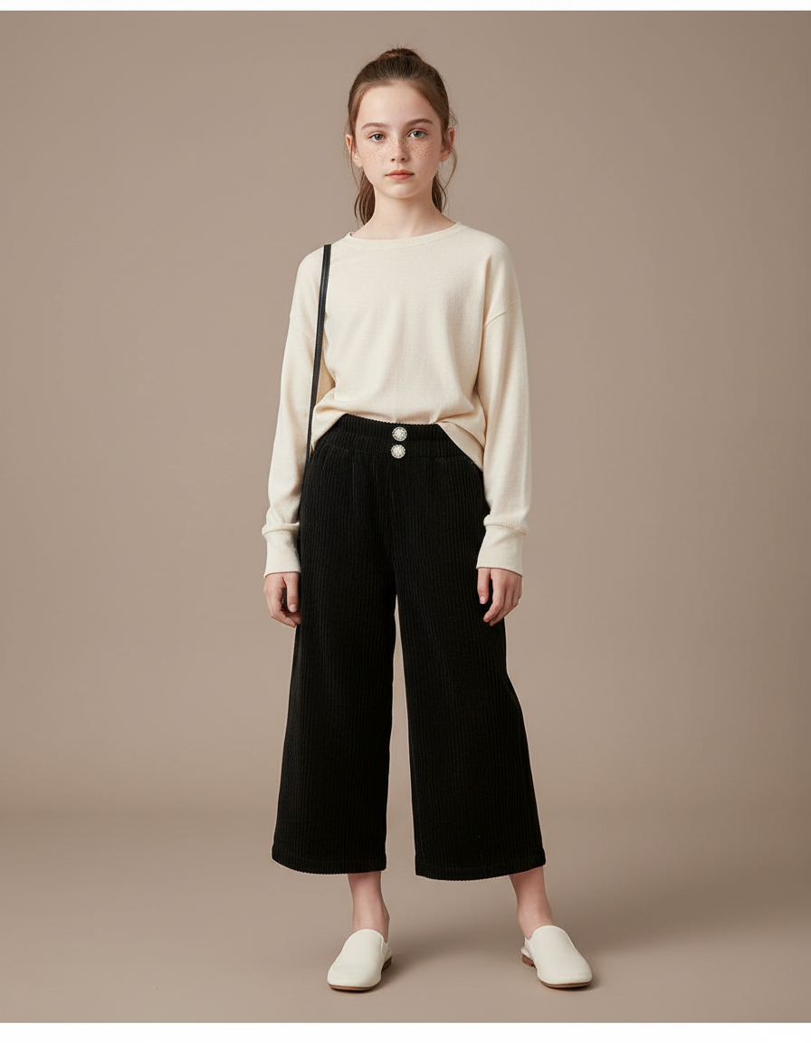 Pantalon Japonais Noir Côtelé Ample Décontracté Boutons Enfant - Cordé