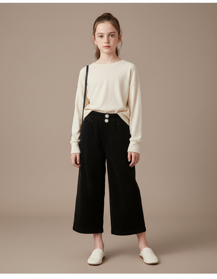 Pantalon Japonais Noir Côtelé Ample Décontracté Boutons Enfant - Cordé