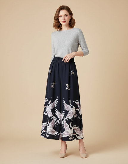 Pantalon Japonais Large Fluide Grues Imprimées Élégant - Marine Polyester