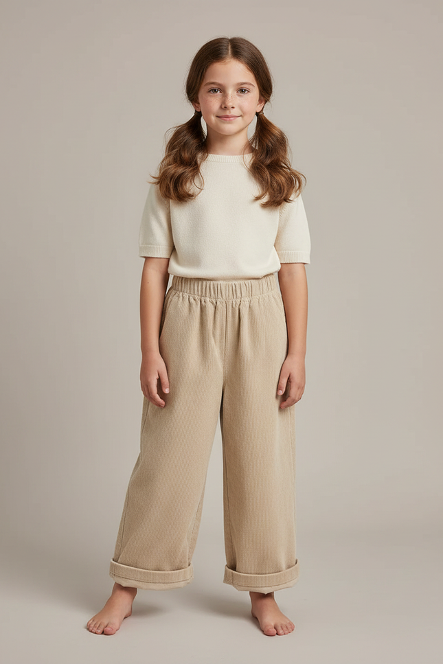 Pantalon Japonais Côtelé Beige Ample Décontracté Enfant - Cordé