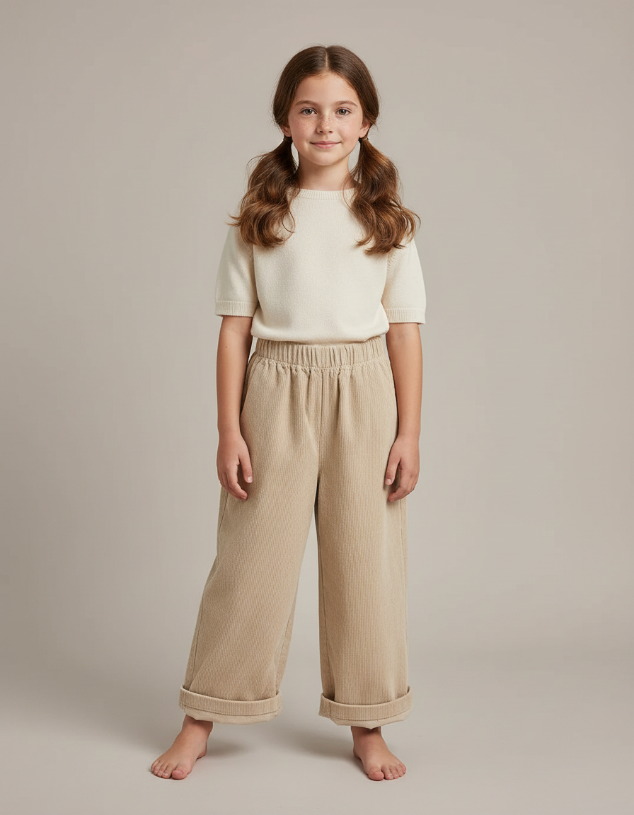 Pantalon Japonais Côtelé Beige Ample Décontracté Enfant - Cordé