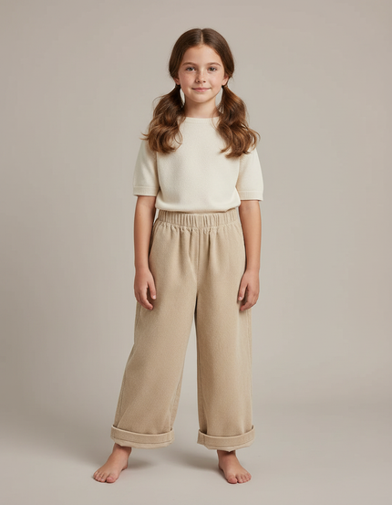 Pantalon Japonais Côtelé Beige Ample Décontracté Enfant - Cordé