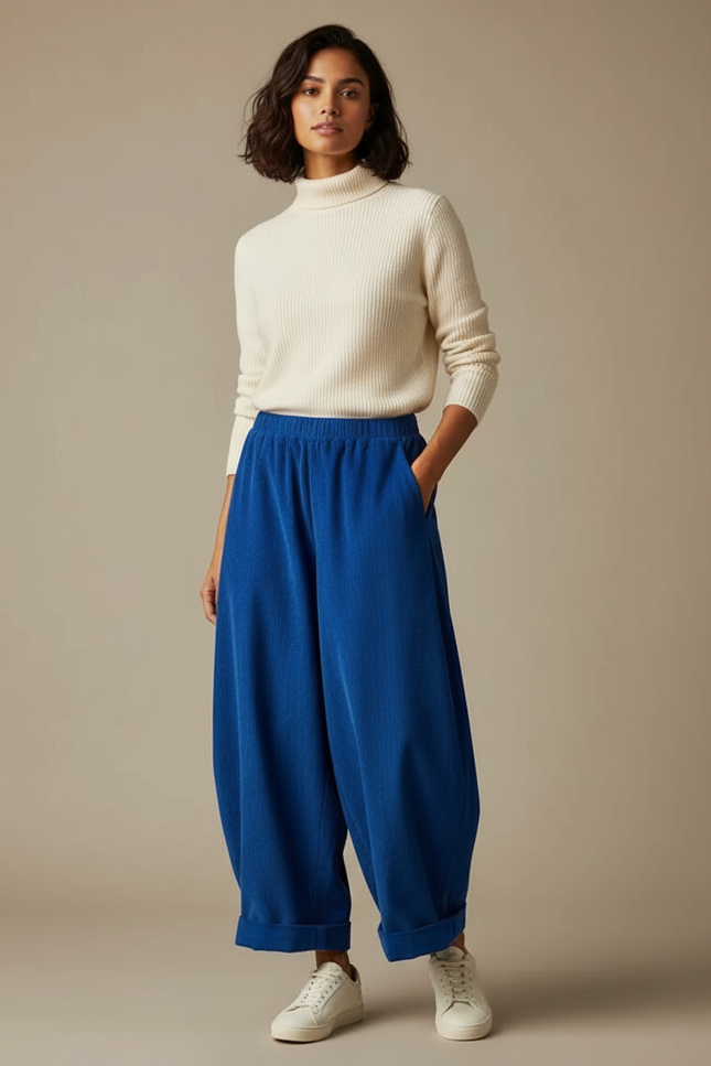 Pantalon Japonais Bleu Côtelé Ample Confortable Décontracté - Cordé