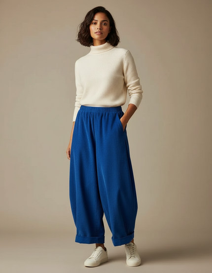 Pantalon Japonais Bleu Côtelé Ample Confortable Décontracté - Cordé