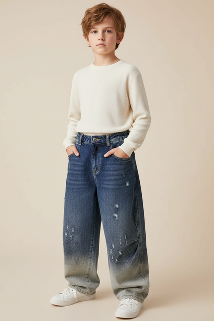 Pantalon Japonais Denim Dégradé Ample Droit Décontracté - Bleu Jean