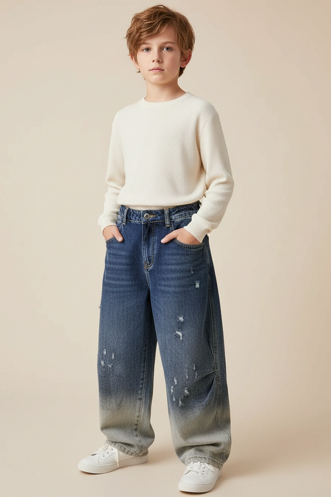 Pantalon Japonais Denim Dégradé Ample Droit Décontracté - Bleu Jean