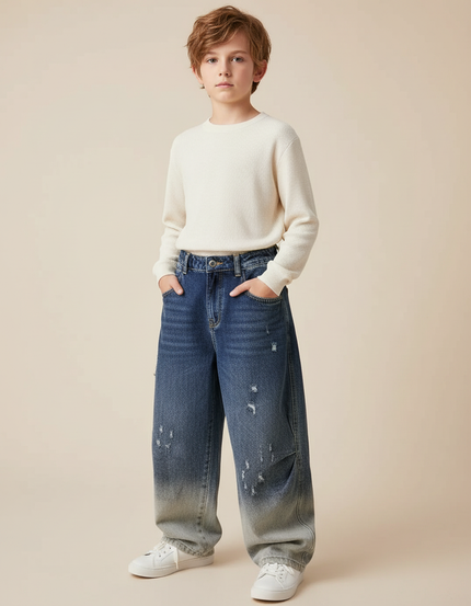 Pantalon Japonais Denim Dégradé Ample Droit Décontracté - Bleu Jean